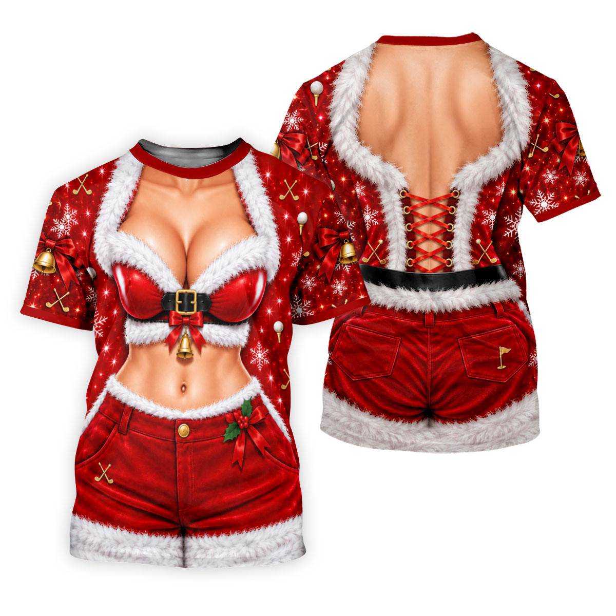 Santa Belt Bikini Abs Christmas Golf Shirt, Ladies Golf Apparel, Womens Golf Tops