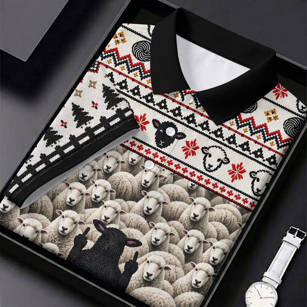 Black Sheep Fair Isle Christmas Golf Shirt, Mens Golf Polo, Mens Holiday Golf Shirts