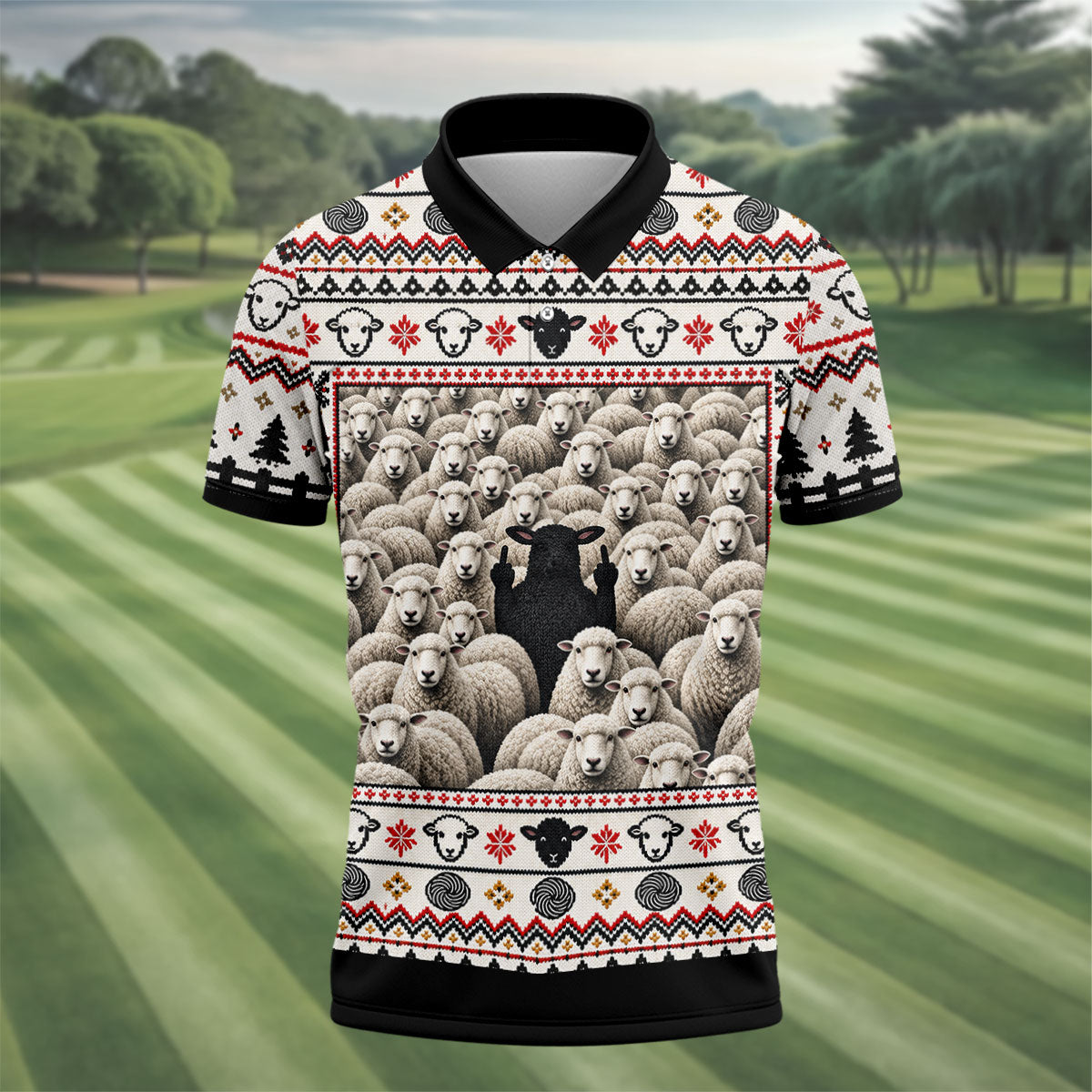 Black Sheep Fair Isle Christmas Golf Shirt, Mens Golf Polo, Mens Holiday Golf Shirts
