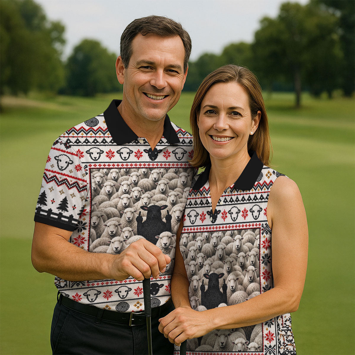 Black Sheep Fair Isle Christmas Golf Shirt, Mens Golf Polo, Mens Holiday Golf Shirts