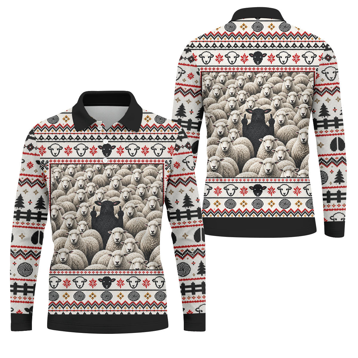Black Sheep Fair Isle Christmas Golf Shirt, Mens Golf Polo, Mens Holiday Golf Shirts