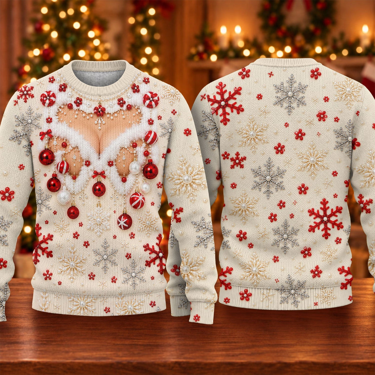 White Ornament Lace Ugly Christmas Sweater, Christmas Gifts, Holiday Party Sweater
