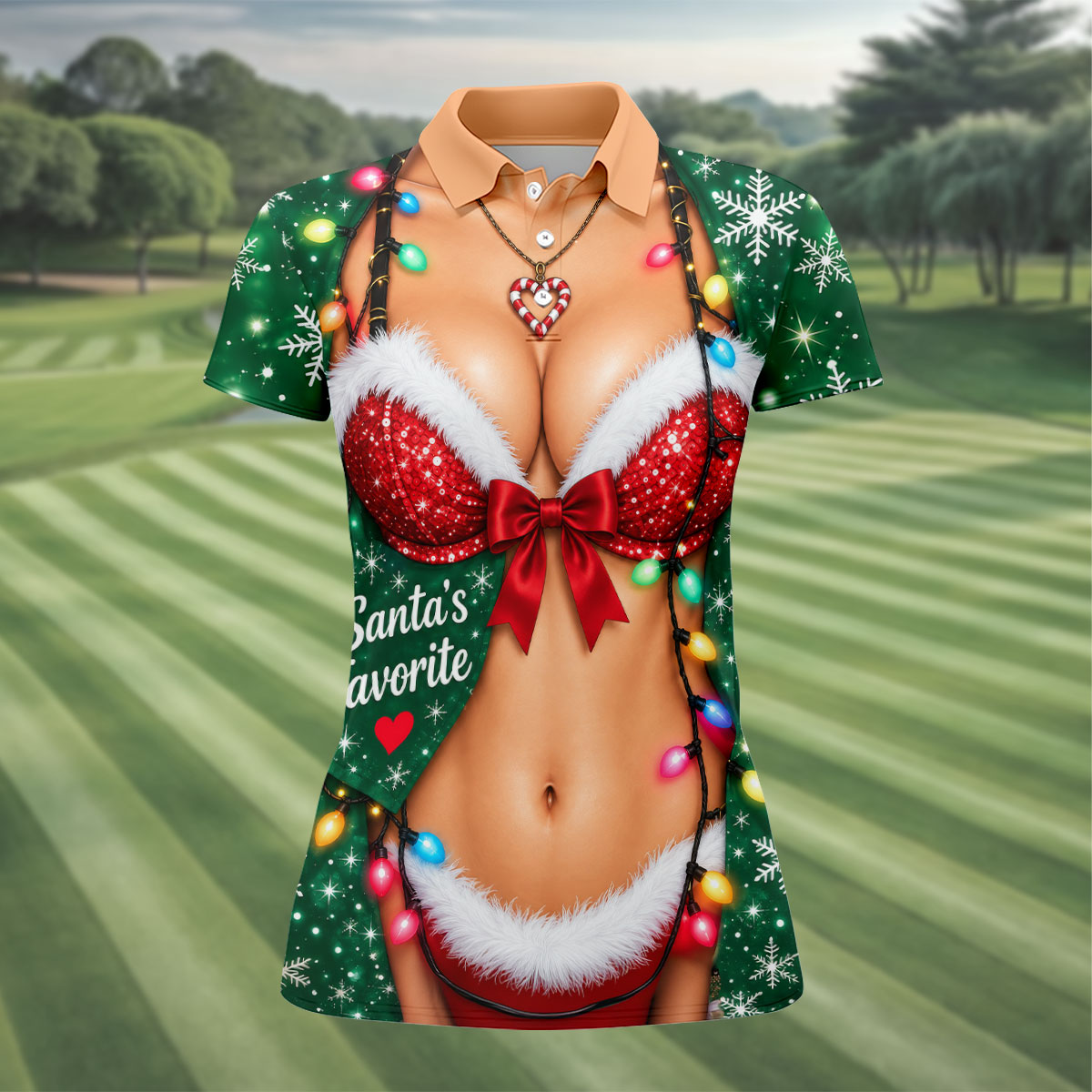Santa's Favorite Bikini Christmas Golf Shirt, Ladies Golf Apparel, Ladies Golf Tops