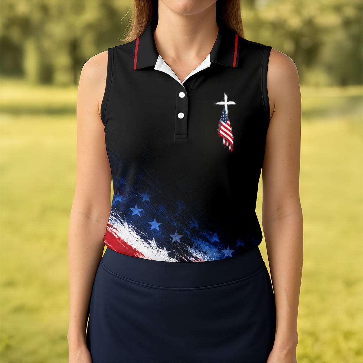 Veteran Cross USA Flag Golf Polo Shirt, Ladies Golf Shirts, Veterans Day Golf Shirt