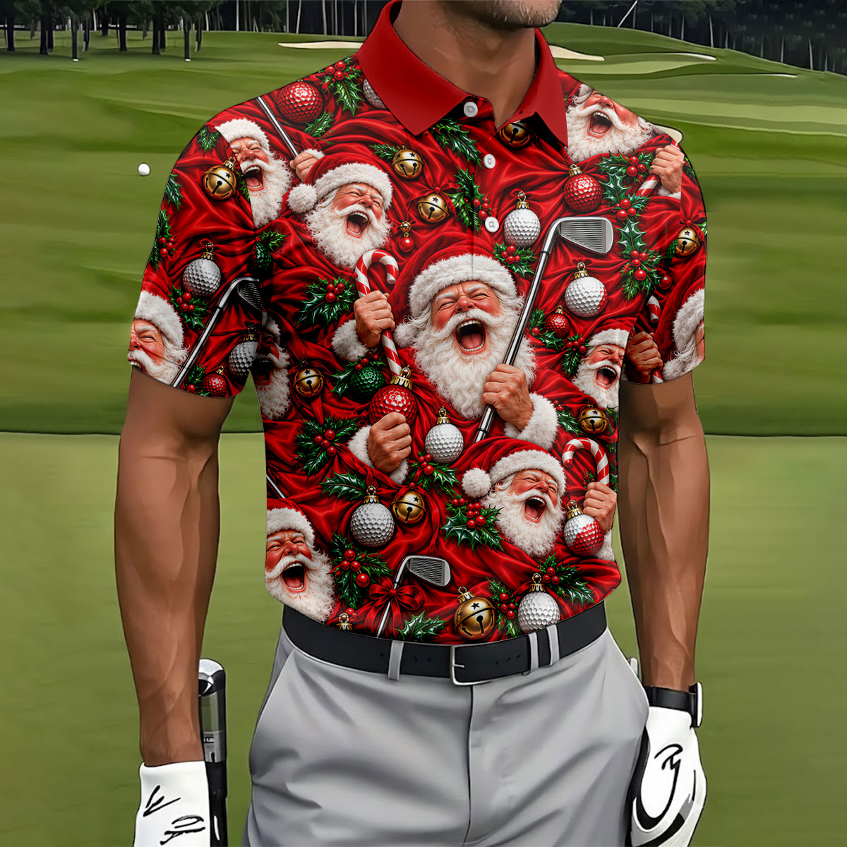Santa Golf Ornaments Christmas Golf Shirt, Golf Shirts For Men, Mens Golf Shirts