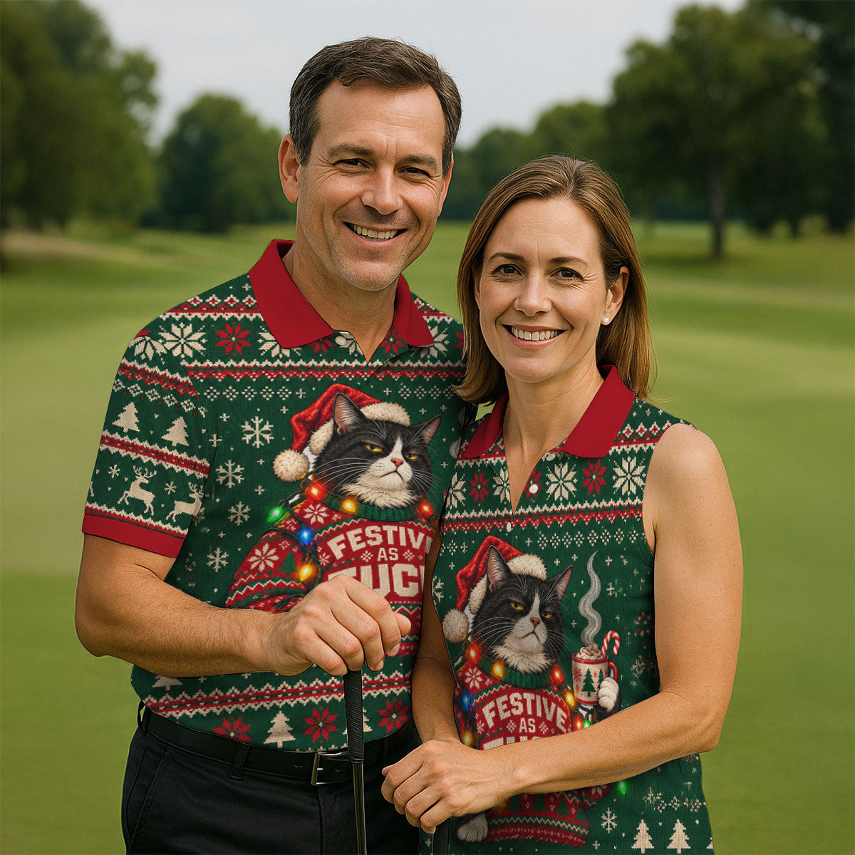 Festive Cat Lights Christmas Golf Shirt, Mens Golf Polo, Mens Holiday Golf Shirts