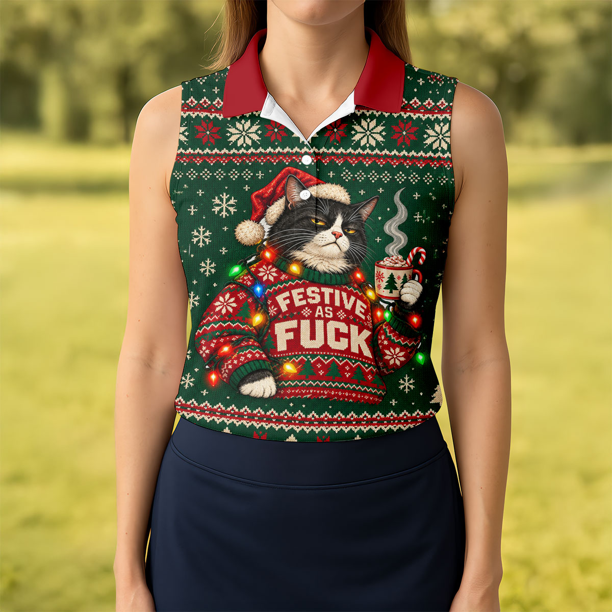 Festive Cat Lights Christmas Golf Shirt, Womens Golf Tops, Golf Shirts For Women