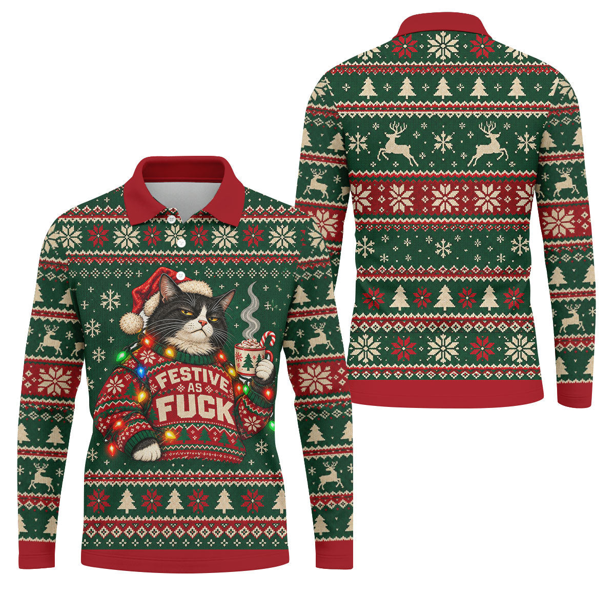 Festive Cat Lights Christmas Golf Shirt, Mens Golf Polo, Mens Holiday Golf Shirts