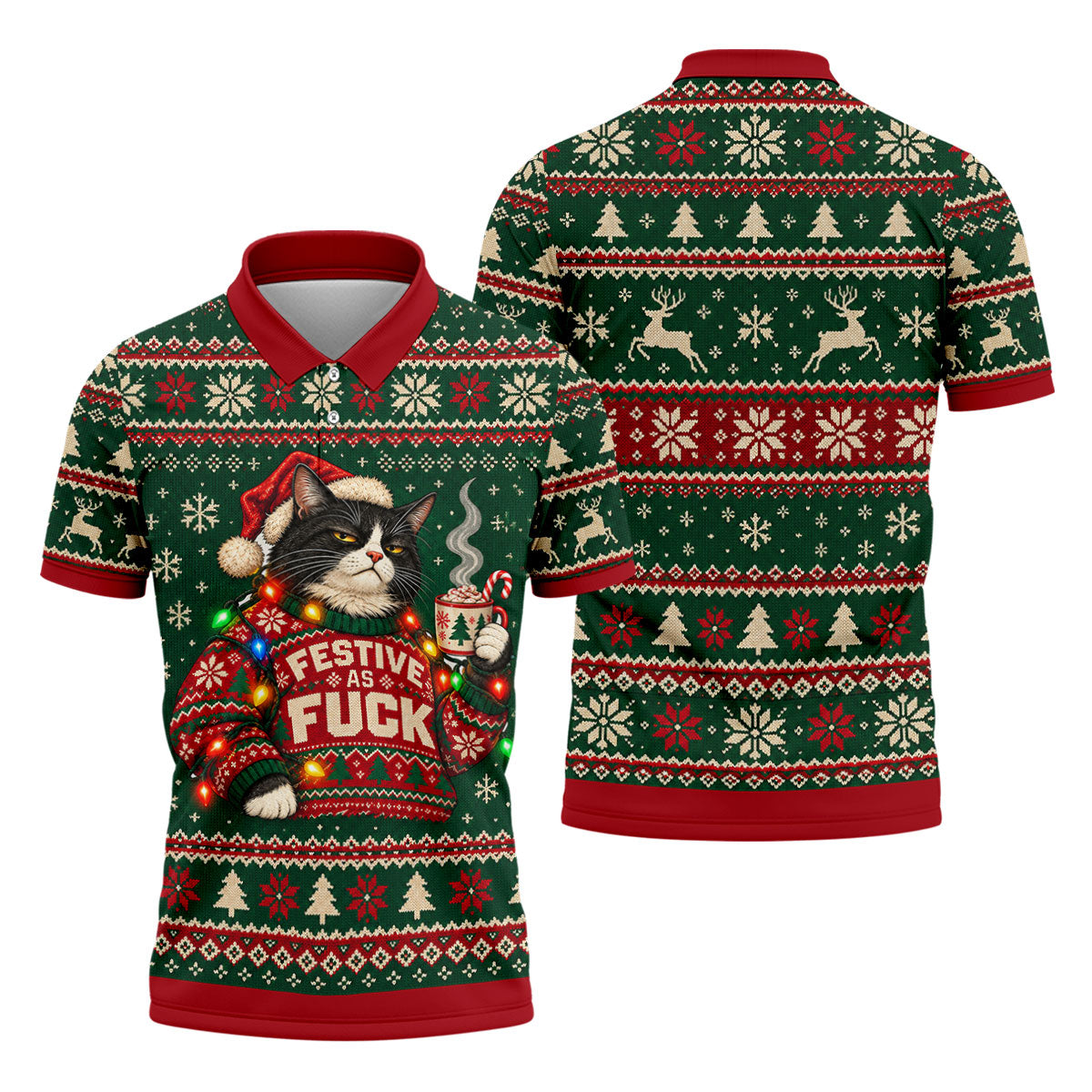 Festive Cat Lights Christmas Golf Shirt, Mens Golf Polo, Mens Holiday Golf Shirts