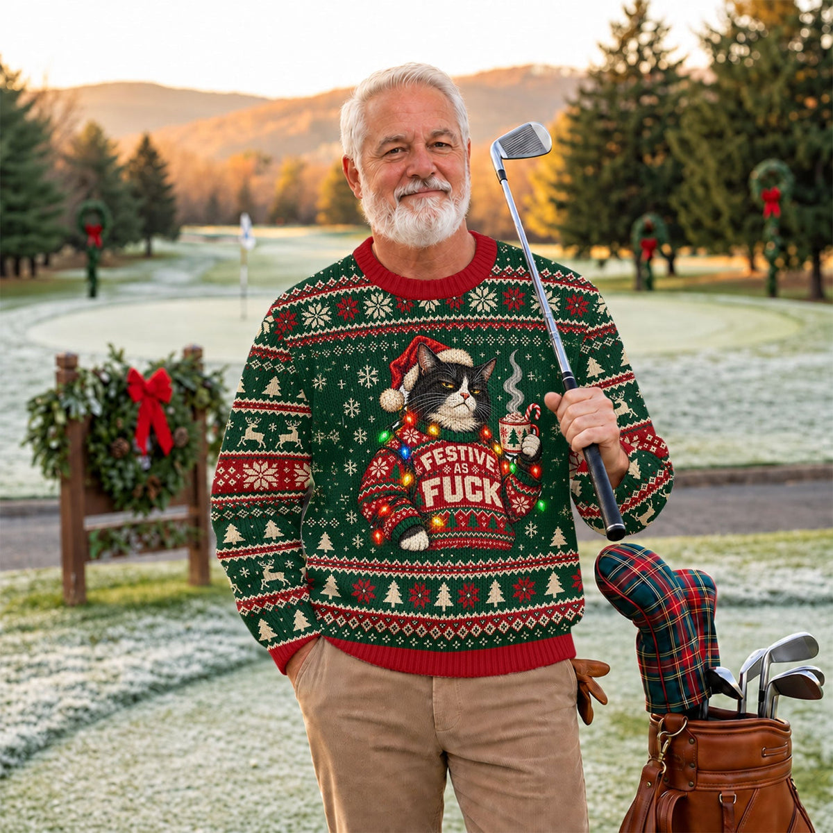 Ugly Christmas Sweater Festive Cat Lights, Ugly Sweater Party, Christmas Golf Gift