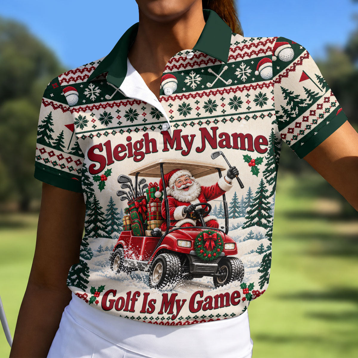 Sleigh My Name Golf Cart Christmas Golf Shirt, Womens Golf Tops, Womens Golf Apparel