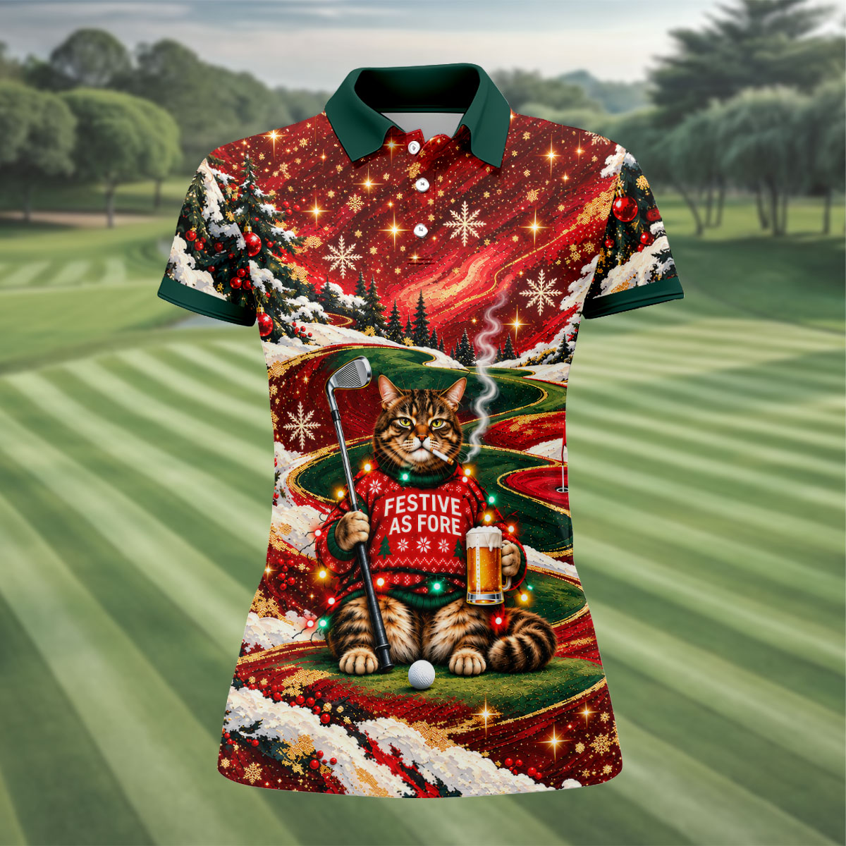 Funny Cat Beer Snow Christmas Golf Shirt, Womens Golf Tops, Golf Shirts For Women