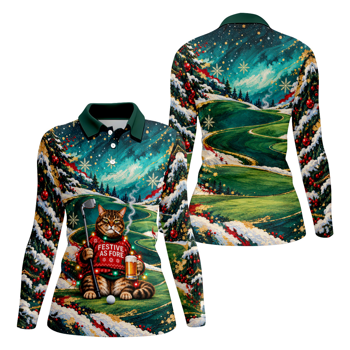 Aurora Cat Beer Christmas Golf Shirt, Womens Golf Apparel, Golf Shirts For Women