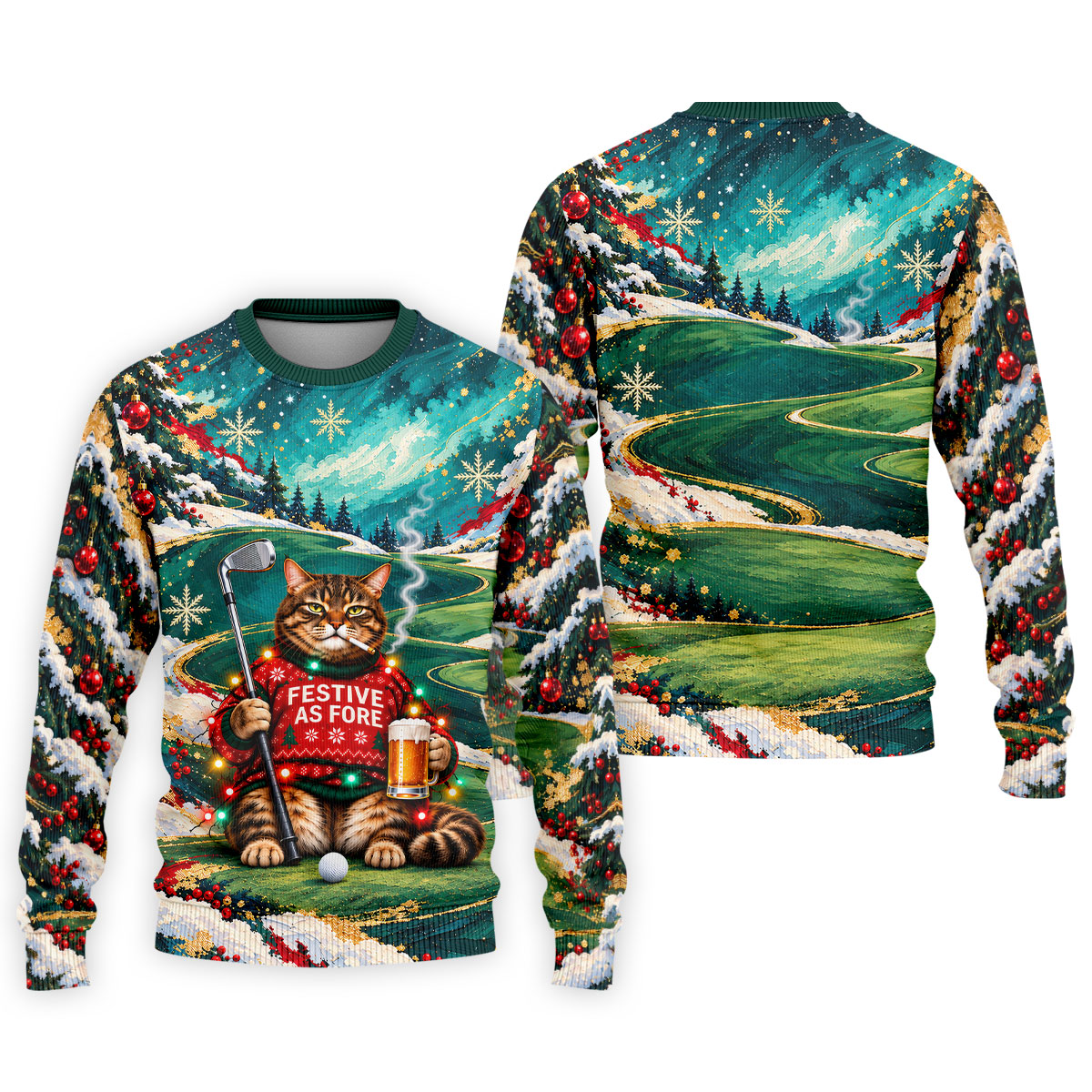 Aurora Cat Beer Christmas Golf Shirt, Mens Golf Shirts, Mens Holiday Golf Shirts