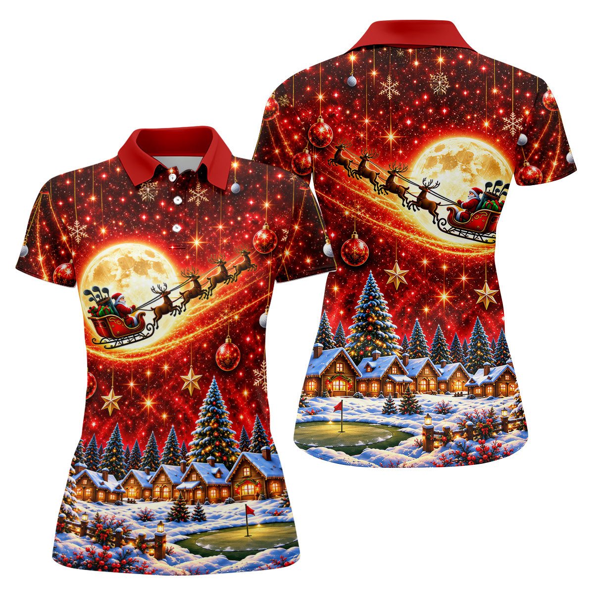 Santa Sleigh Comet Christmas Golf Shirt, Ladies Golf Shirts, Womens Golf Apparel