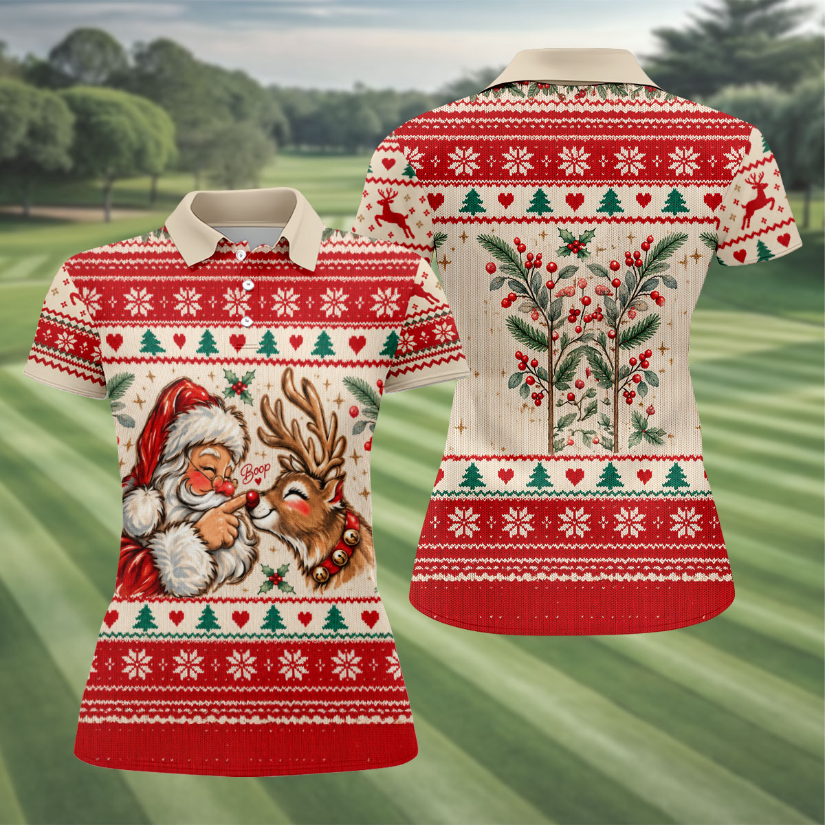 Santa Reindeer Christmas Golf Shirt, Golf Shirts For Women, Womens Golf Clothing