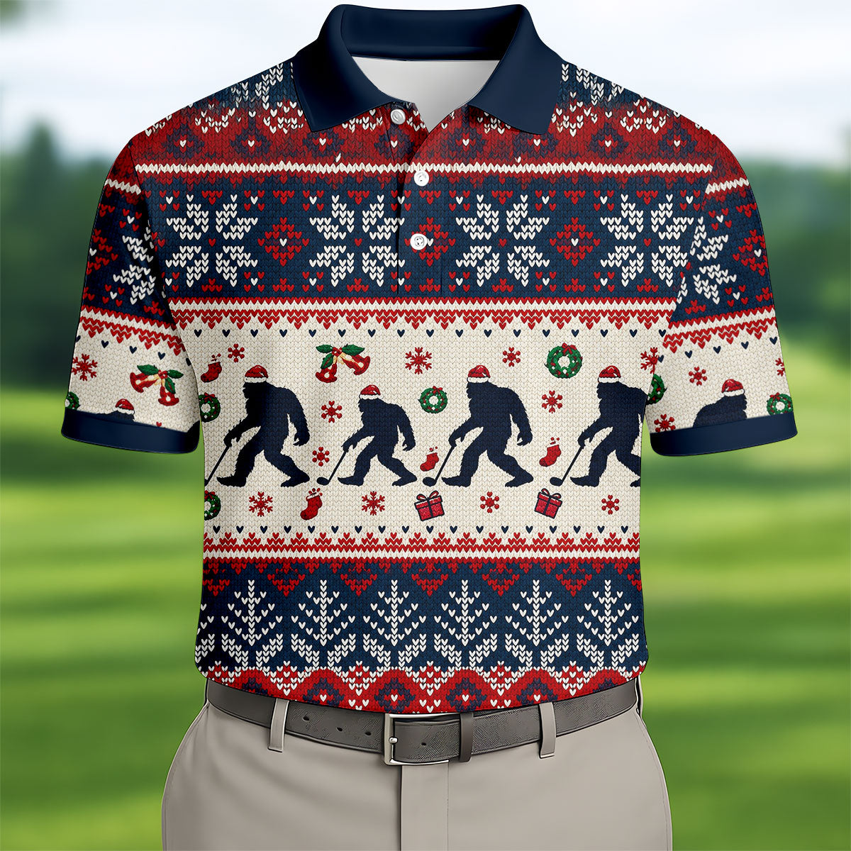 Bigfoot Santa Christmas Golf Shirt, Mens Golf Clothing, Mens Holiday Golf Shirts