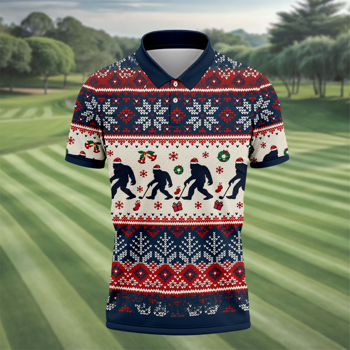 Bigfoot Santa Christmas Golf Shirt, Mens Golf Clothing, Mens Holiday Golf Shirts