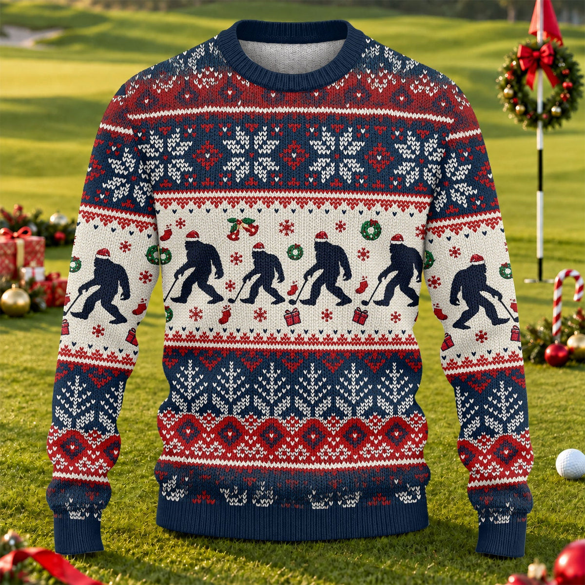 Ugly Christmas Sweater Bigfoot Santa, Christmas Golf Gift, Funny Holiday Sweater