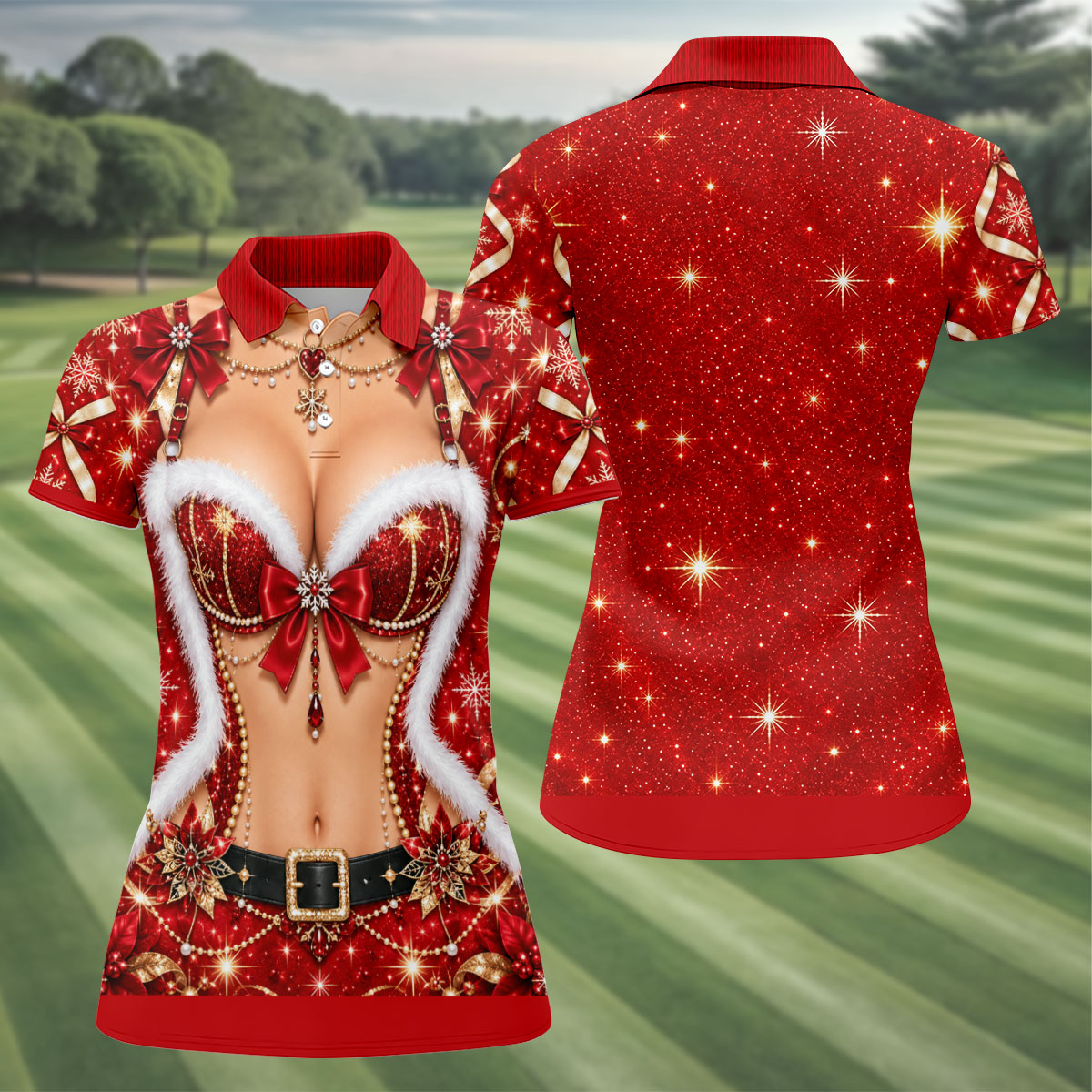 Glitter Santa Bra Fur Trim Christmas Golf Shirt, Ladies Golf Shirts, Womens Golf Tops