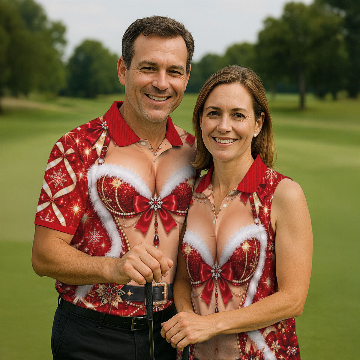 Glitter Santa Bra Fur Trim Christmas Golf Shirt, Mens Golf Shirts, Mens Golf Apparel