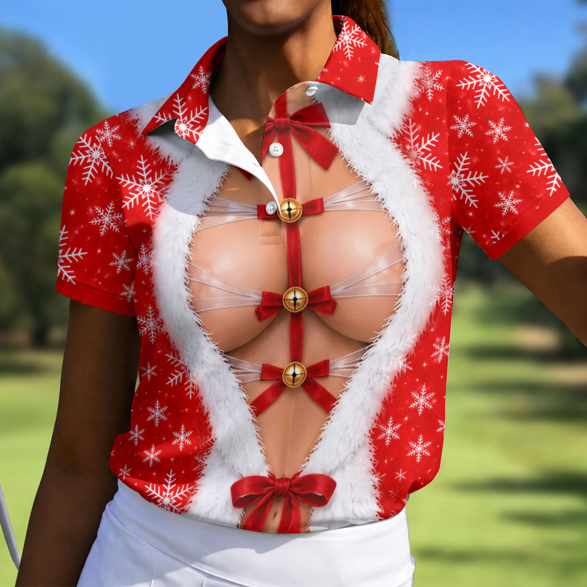 Ribbon Bells Busty Santa Christmas Golf Shirt, Womens Golf Clothing, Ladies Golf Tops