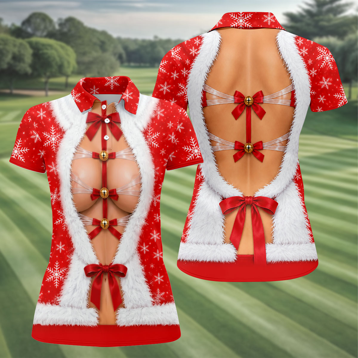 Ribbon Bells Busty Santa Christmas Golf Shirt, Womens Golf Clothing, Ladies Golf Tops