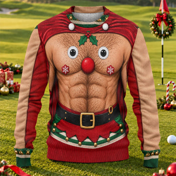 Reindeer Hairy Chest Abs Ugly Christmas Sweater, Christmas Gifts, Christmas Golf Gift