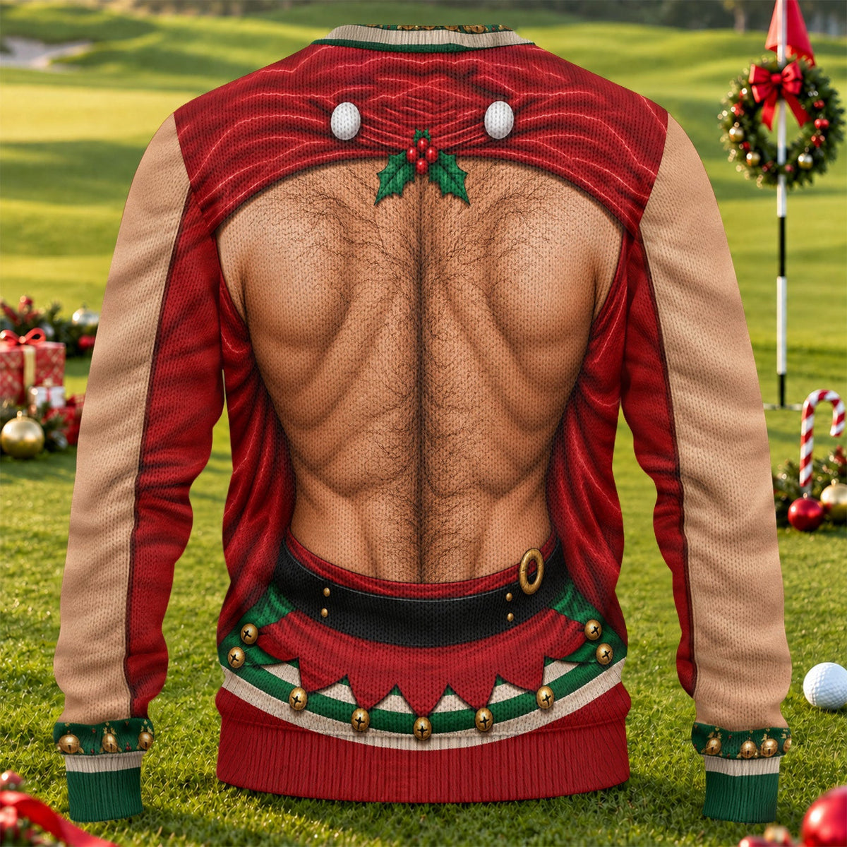 Reindeer Hairy Chest Abs Ugly Christmas Sweater, Christmas Gifts, Christmas Golf Gift