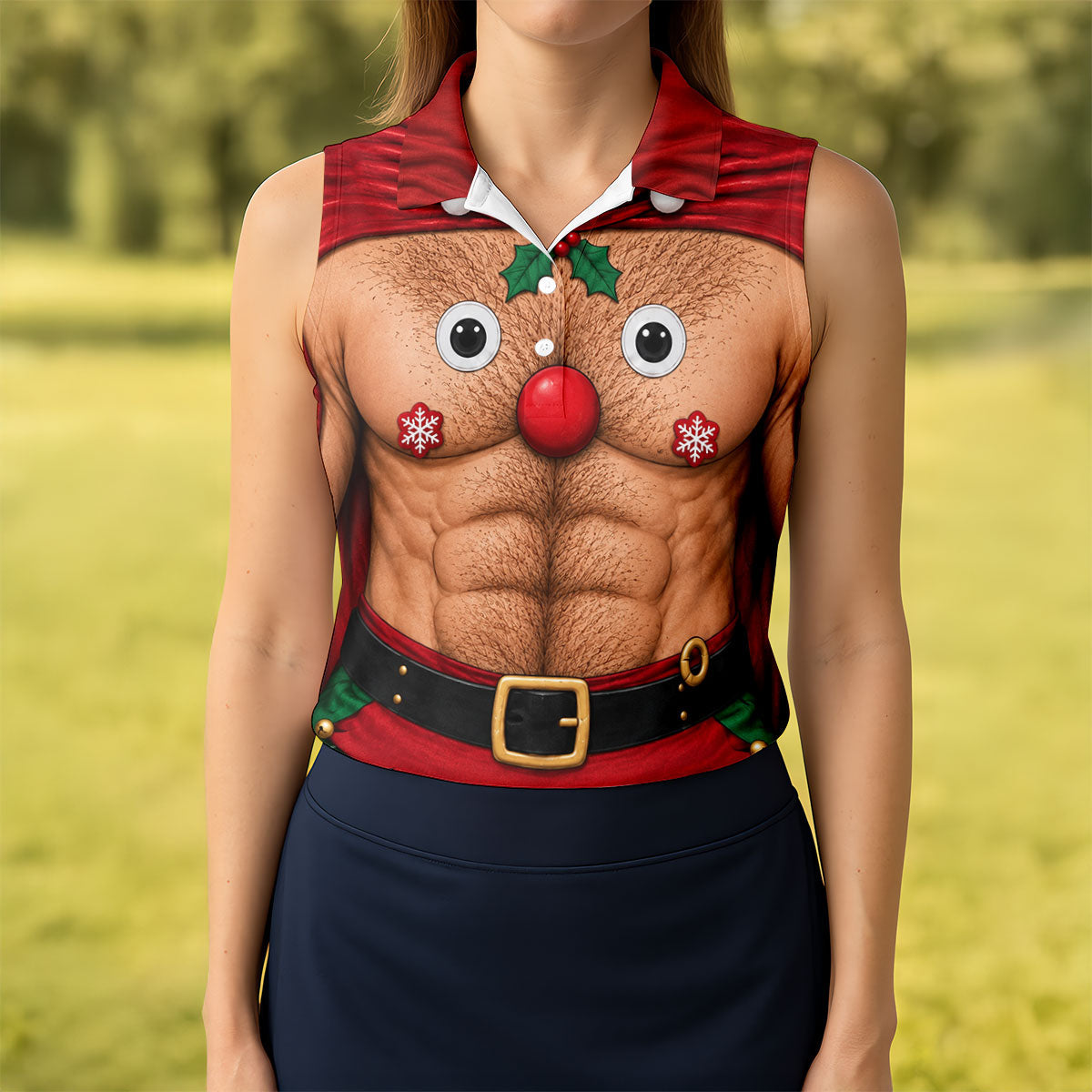 Reindeer Hairy Chest Abs Christmas Golf Shirt, Womens Golf Tops, Golf Gifts For Women