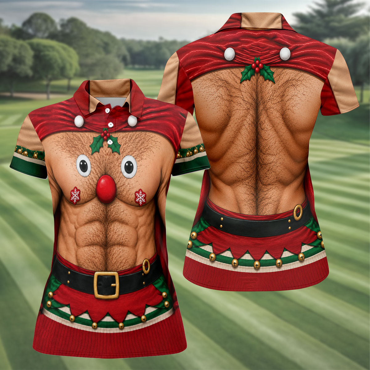 Reindeer Hairy Chest Abs Christmas Golf Shirt, Womens Golf Tops, Golf Gifts For Women