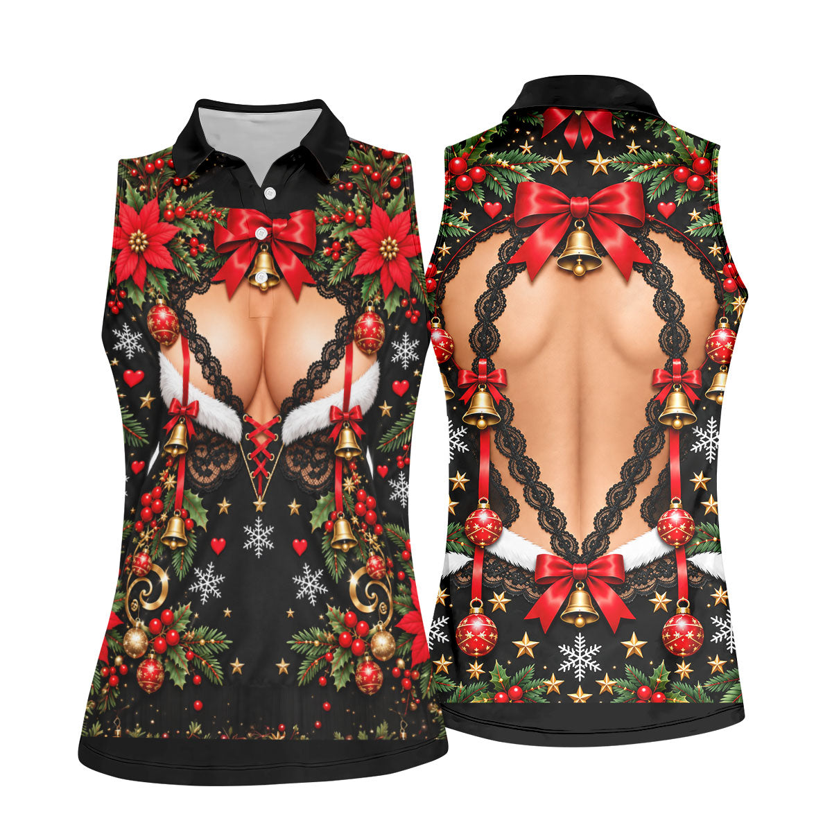 Poinsettia Busty Bells Christmas Golf Shirt, Ladies Golf Shirts, Womens Golf Clothing