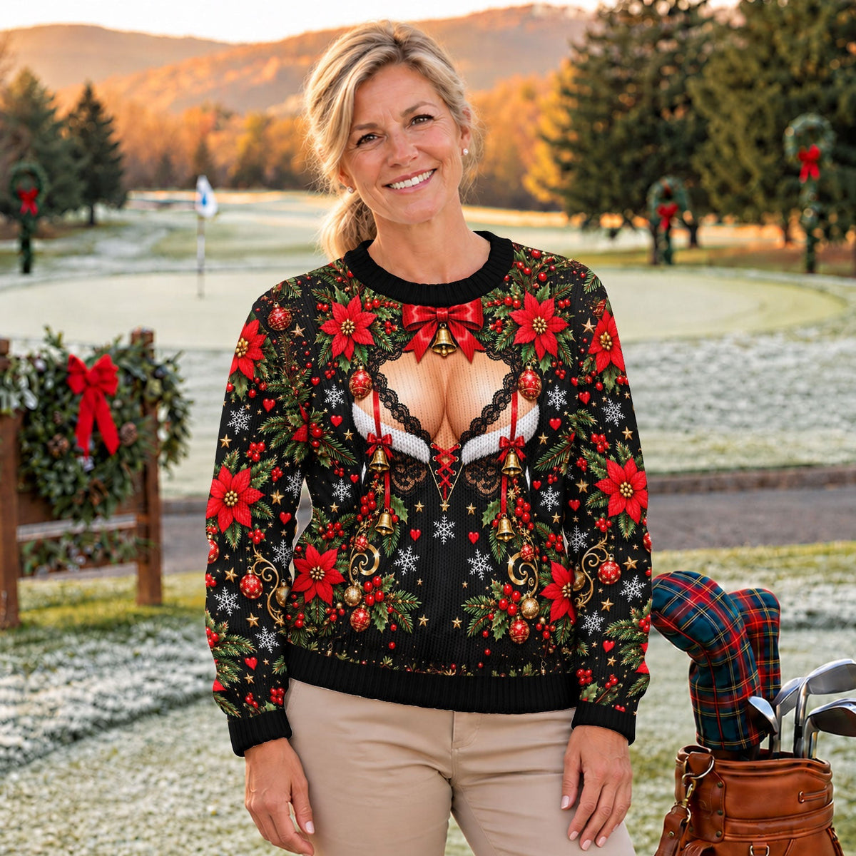 Poinsettia Busty Bells Ugly Christmas Sweater, Holiday Party Sweater, Funny Xmas Gift