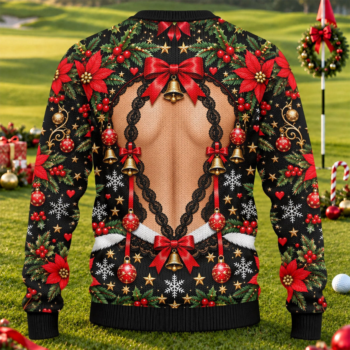 Poinsettia Busty Bells Ugly Christmas Sweater, Holiday Party Sweater, Funny Xmas Gift
