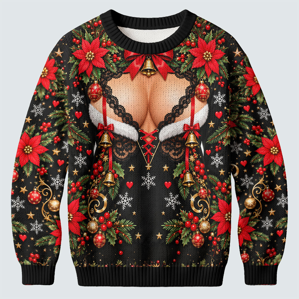 Poinsettia Busty Bells Ugly Christmas Sweater, Holiday Party Sweater, Funny Xmas Gift