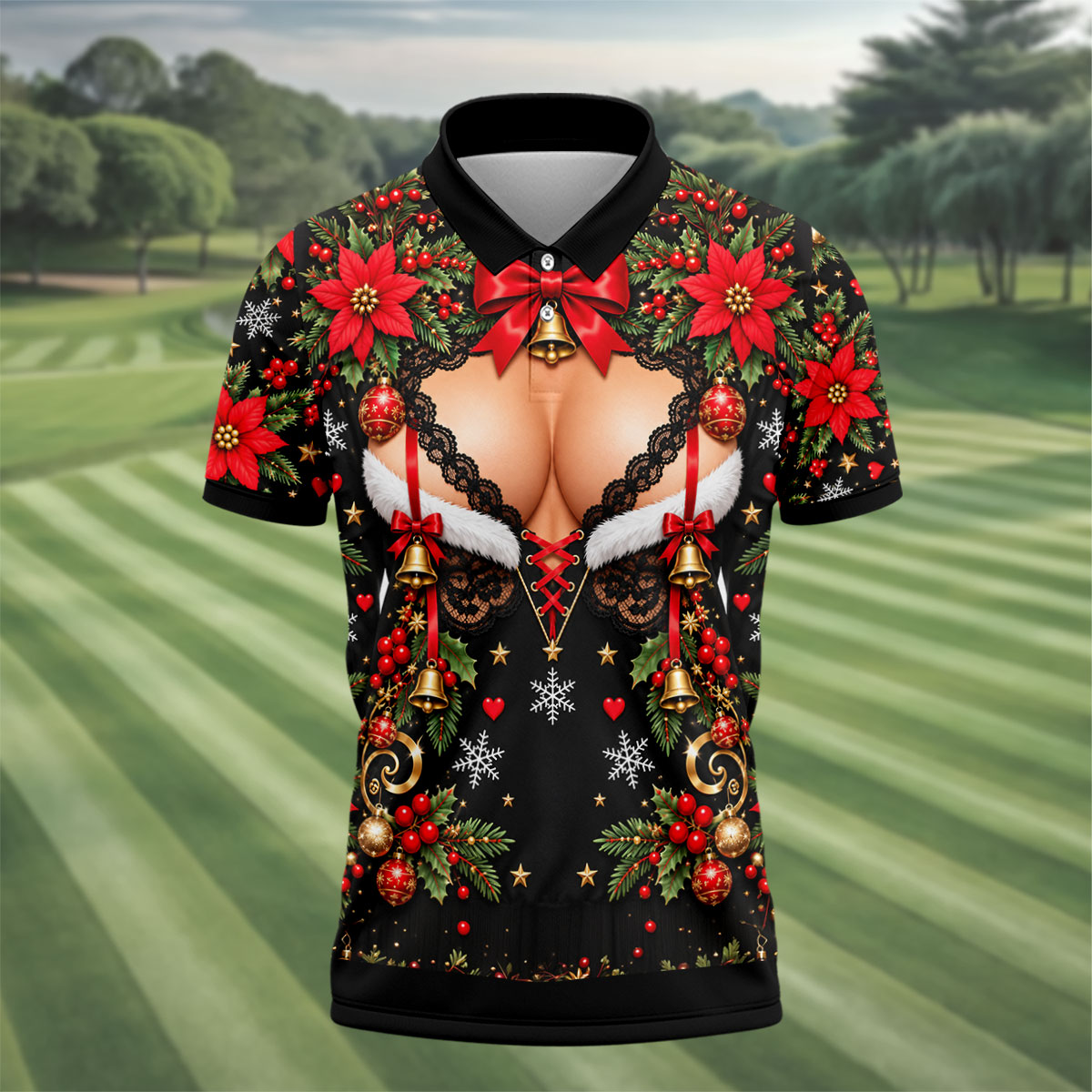 Poinsettia Busty Bells Christmas Golf Shirt, Mens Holiday Golf Shirts, Mens Golf Polo