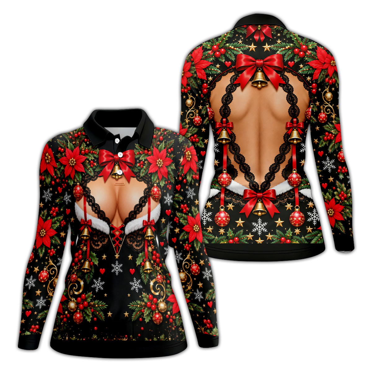 Poinsettia Busty Bells Christmas Golf Shirt, Ladies Golf Shirts, Womens Golf Clothing