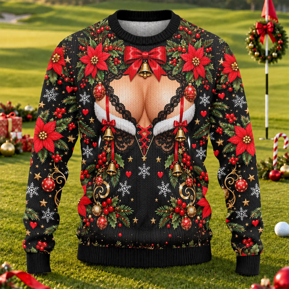 Poinsettia Busty Bells Ugly Christmas Sweater, Holiday Party Sweater, Funny Xmas Gift