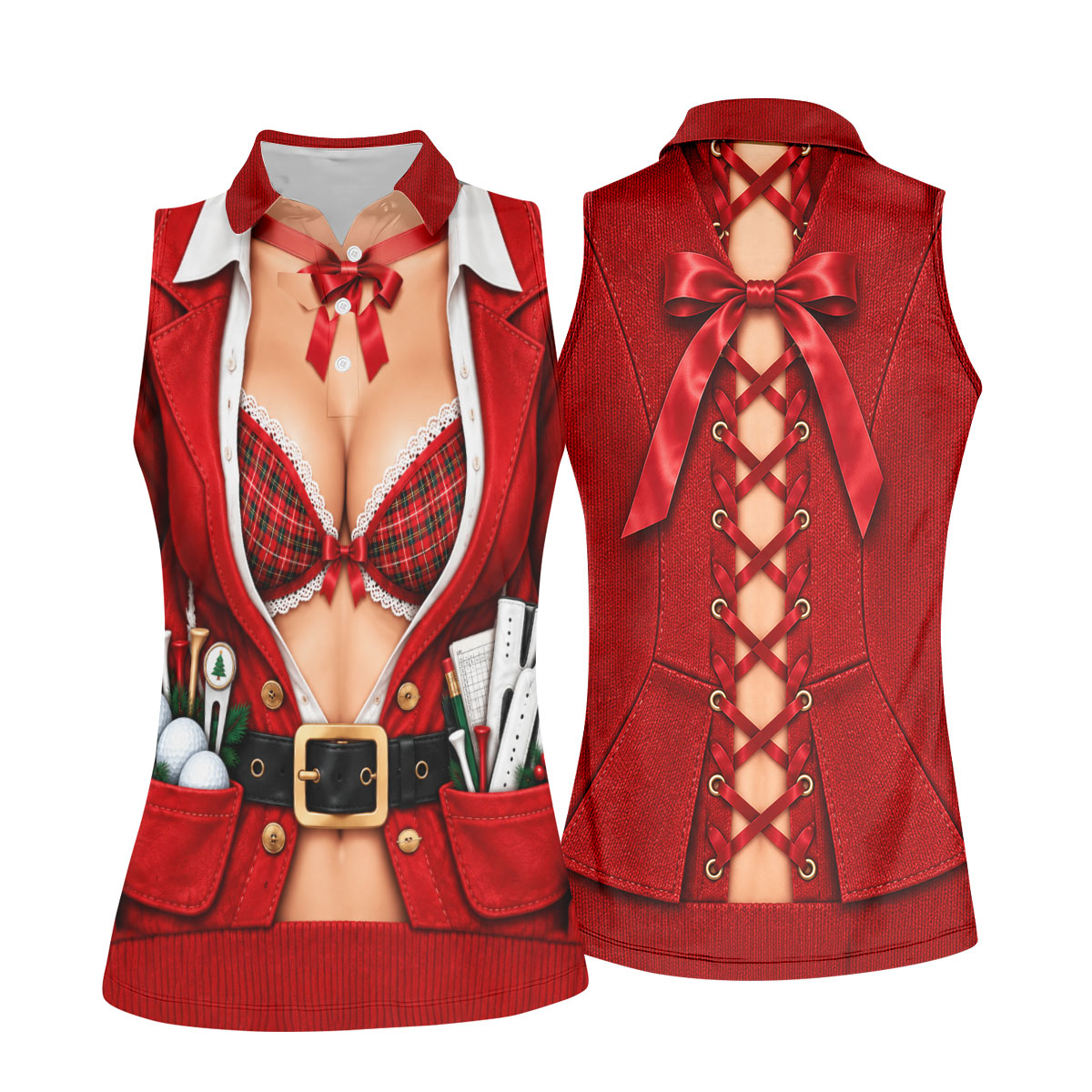 Plaid Bra Santa Suit Christmas Golf Shirt, Ladies Golf Apparel, Golf Shirts For Women