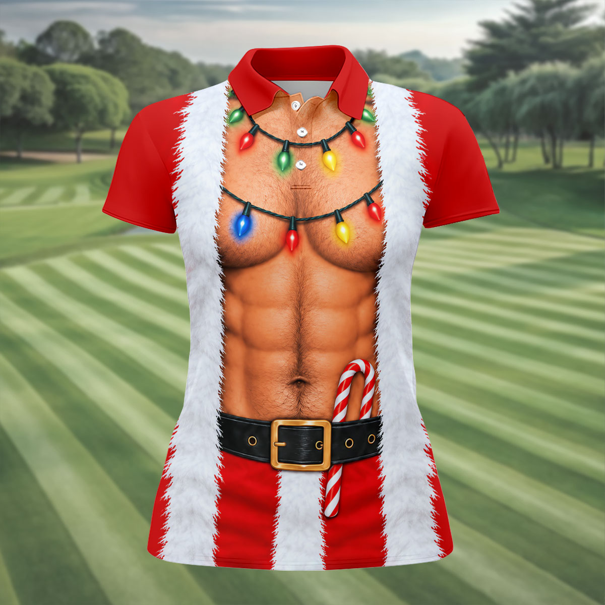 Santa Abs Lights Candy Cane Christmas Golf Shirt, Womens Golf Tops, Ladies Golf Tops
