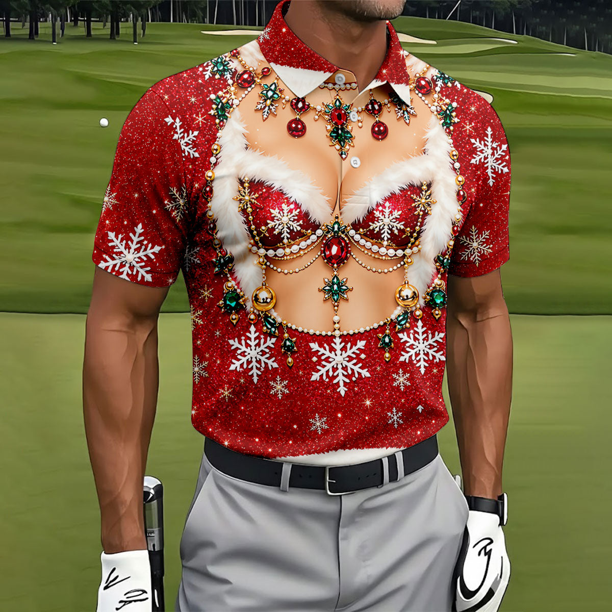 Jeweled Glitter Bra Christmas Golf Shirt, Golf Polo For Men, Mens Holiday Golf Shirts