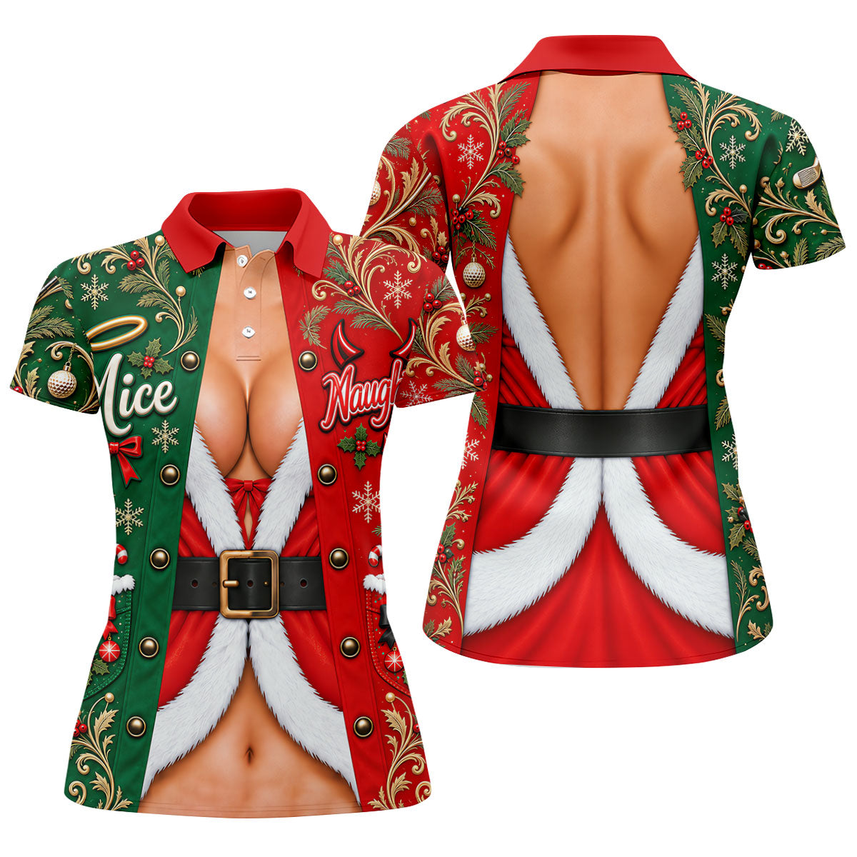 Nice Naughty Busty Santa Christmas Golf Shirt, Womens Golf Tops, Womens Golf Apparel