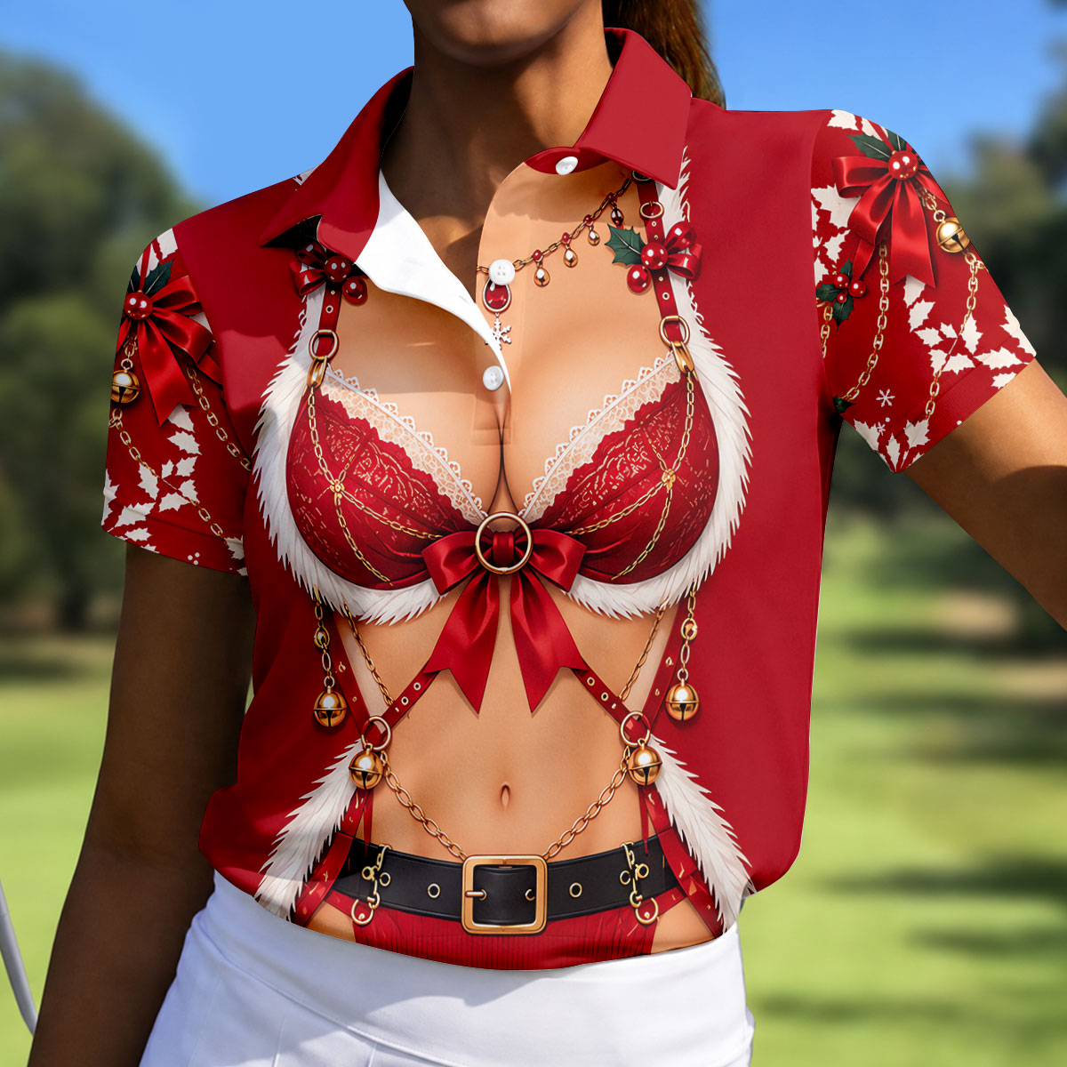 Red Lace Bra Harness Santa Christmas Golf Shirt, Ladies Golf Tops, Womens Golf Shirts
