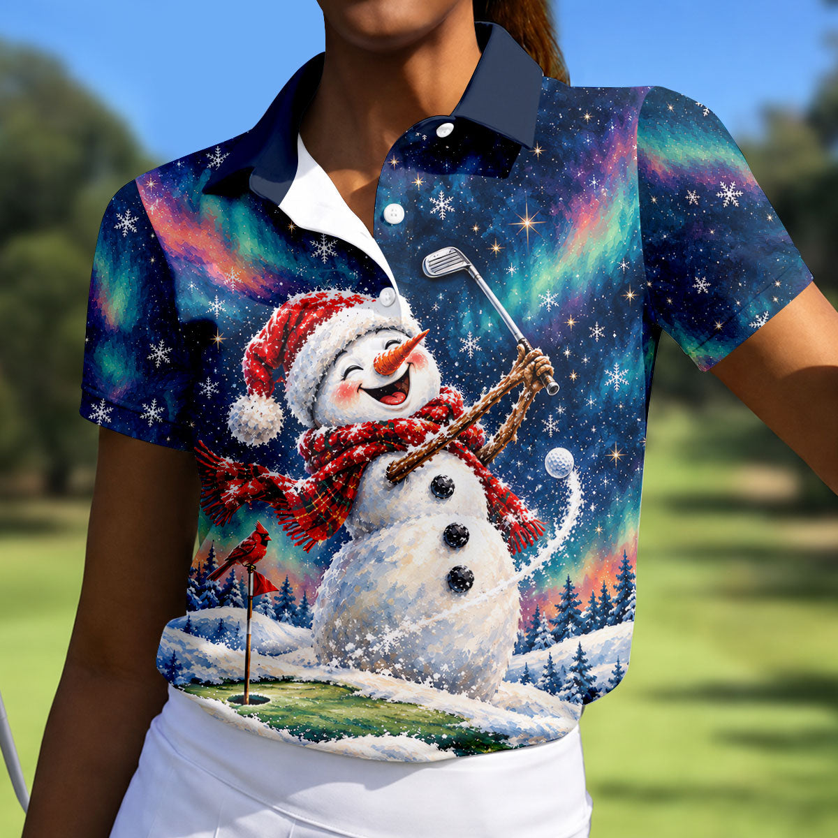 Aurora Snowman Golfer Christmas Golf Shirt, Golf Shirts For Women, Ladies Golf Shirts