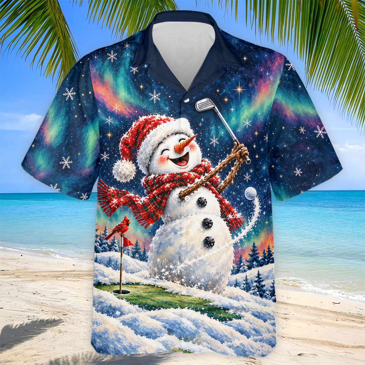 Aurora Snowman Golfer Christmas Golf Shirt, Funny Mens Golf Shirts, Mens Golf Apparel