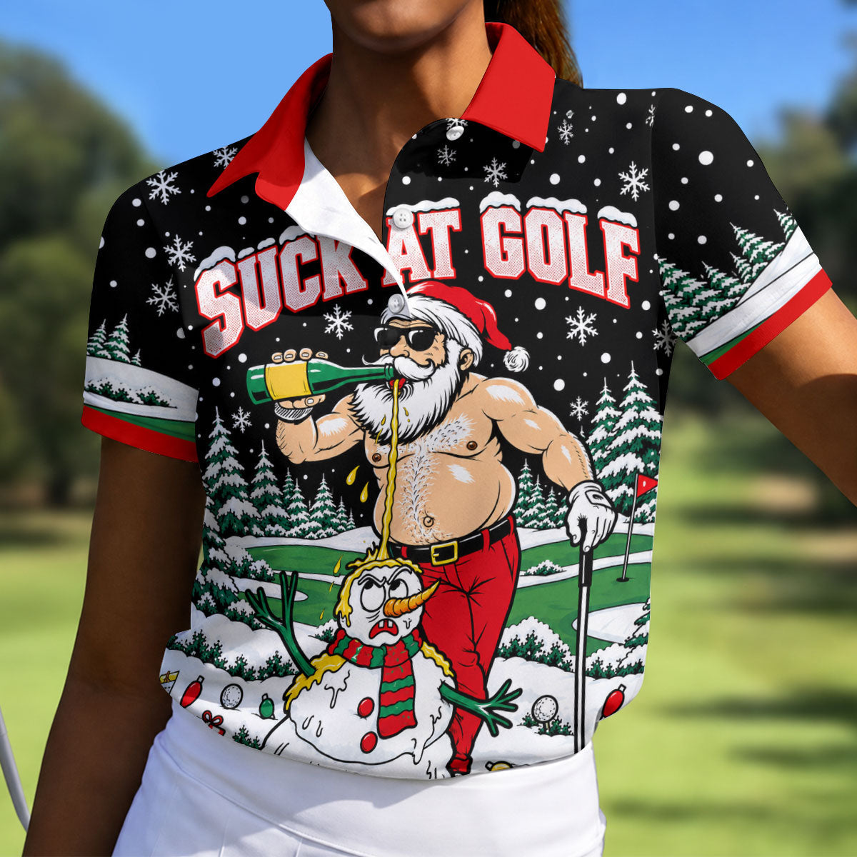 Suck At Golf Santa Beer Christmas Golf Shirt, Womens Golf Shirts, Ladies Golf Apparel
