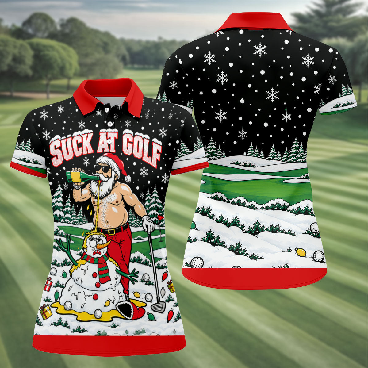 Suck At Golf Santa Beer Christmas Golf Shirt, Womens Golf Shirts, Ladies Golf Apparel