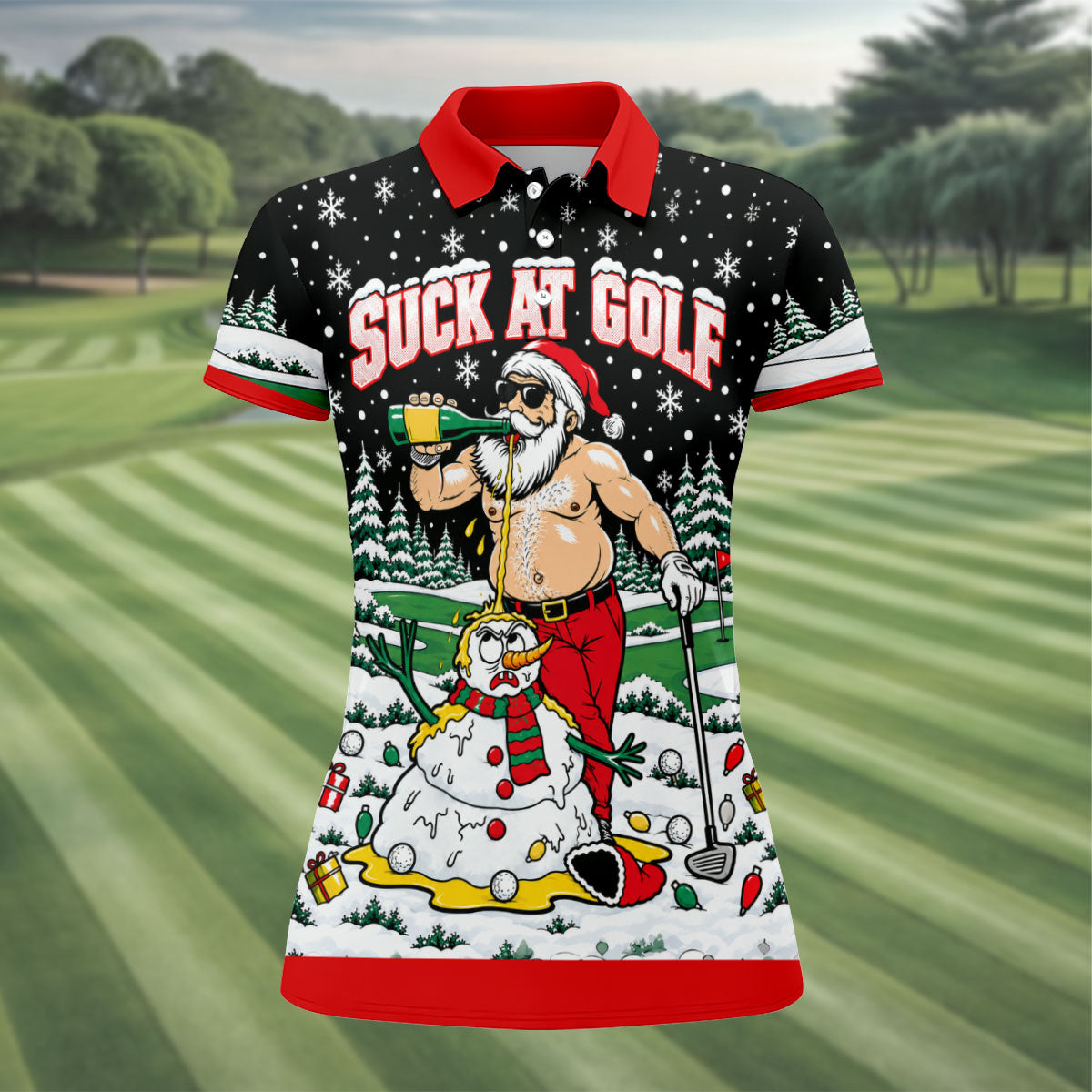 Suck At Golf Santa Beer Christmas Golf Shirt, Womens Golf Shirts, Ladies Golf Apparel