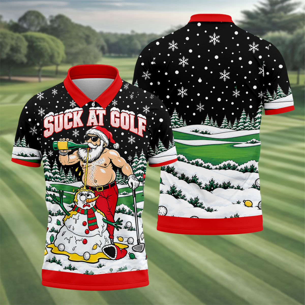 Suck At Golf Santa Beer Christmas Golf Shirt, Funny Mens Golf Shirts, Mens Golf Polo