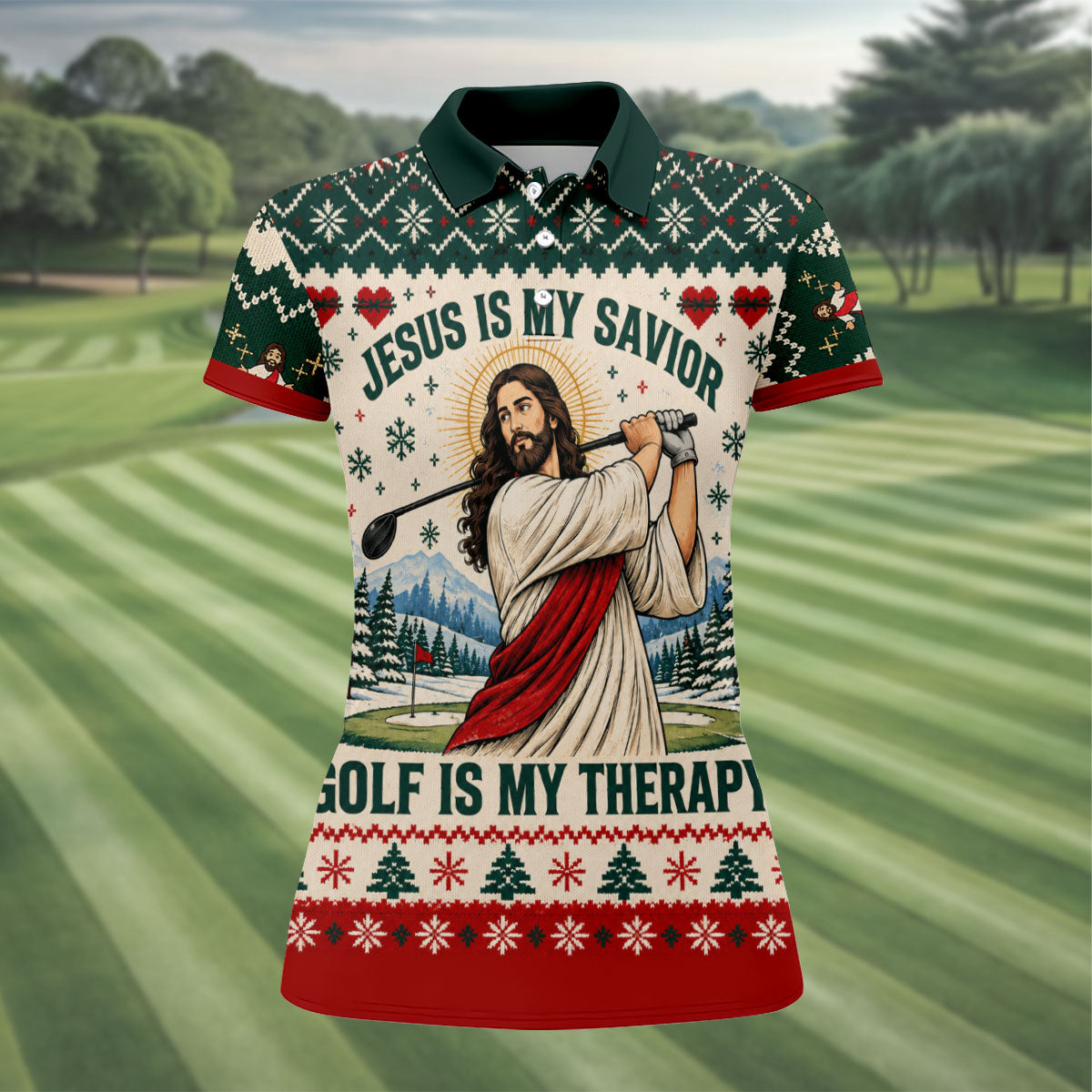 Jesus Savior Golf Therapy Christmas Golf Shirt, Womens Golf Apparel, Ladies Golf Tops
